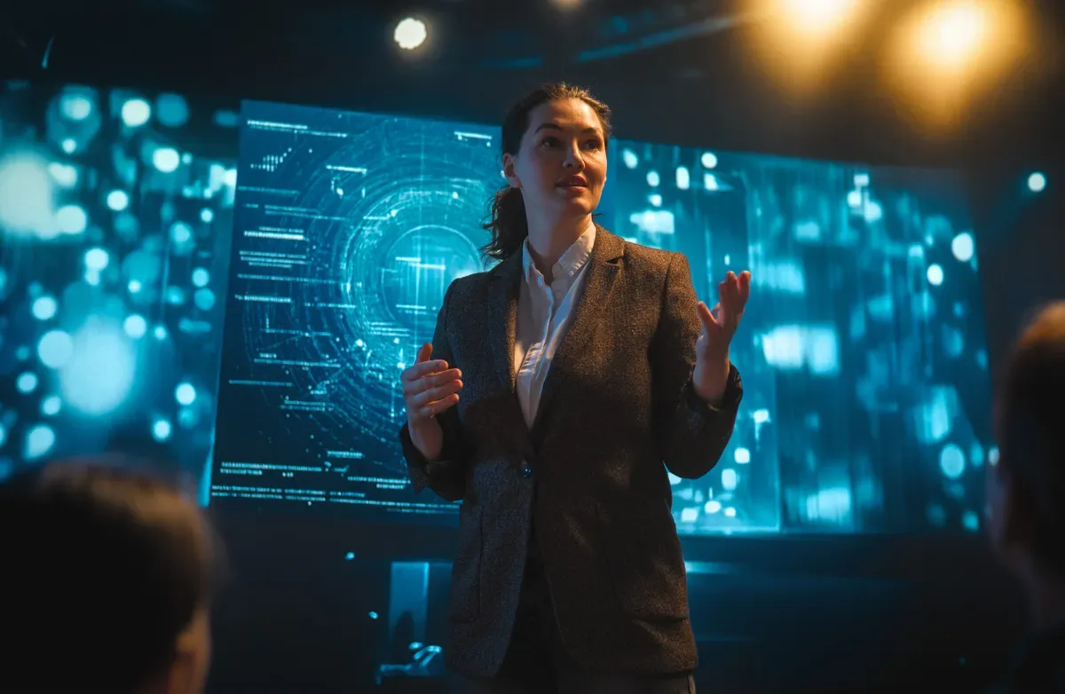 A woman is speaking on stage